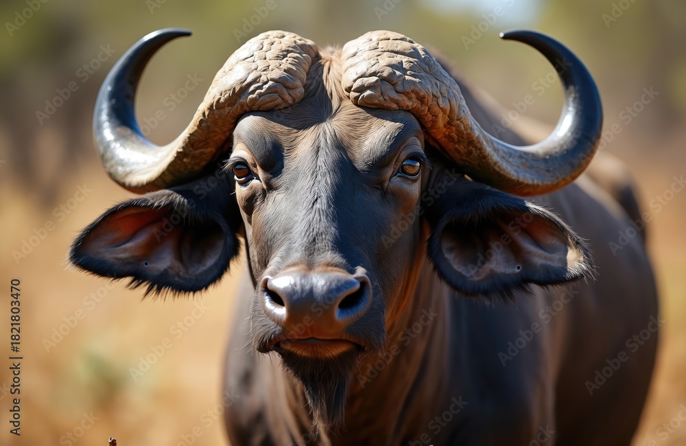 Naklejka premium African buffalo stands in dry grassland facing camera. Strong herbivore mammal has large curved horns. Wild animal poses in its natural habitat during daytime.