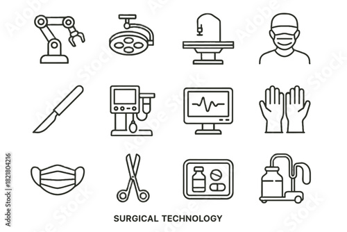 Vector tray icons sterile robotic medical lamp suction machine icon tech surgical