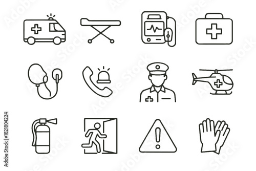 Fire vector kit gloves defibrillator icon emer call first rescue protective