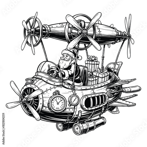 Santa steering a small steampunk airship with propellers and gift crates in a vintage adventure black and white vector silhouette