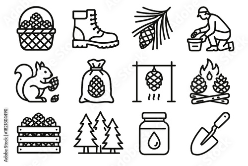 Wooden cone needles jar cones icon pine vector basket drying
