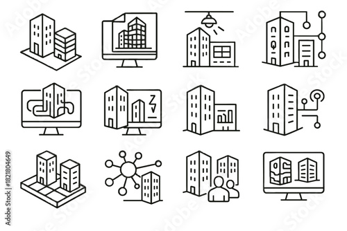 Twin simulation smart construction progress vector lighting virtual icons layout digital icon