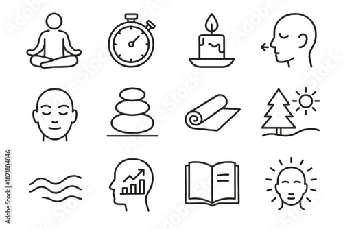 Candle glow pose mindfulness stone lotus vector mindful yoga icon set stack