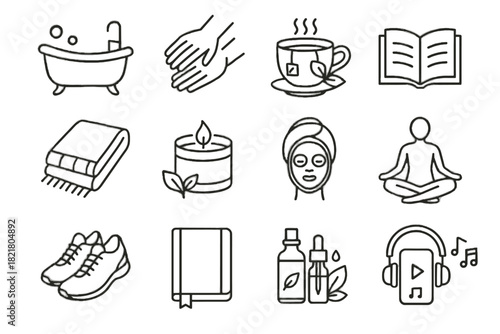 Care aromatherapy tub vector cozy music shoes yoga self icon walking massage