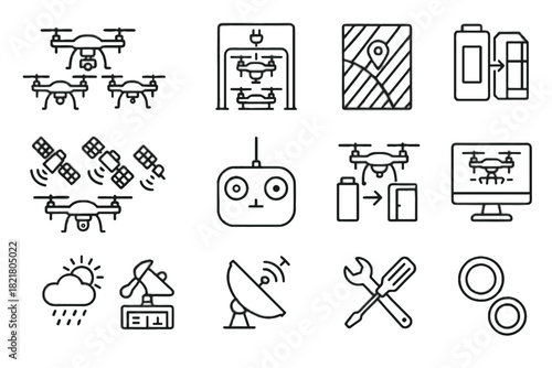 Field map remote swap vector icons station satellites drone icon agricultural hub