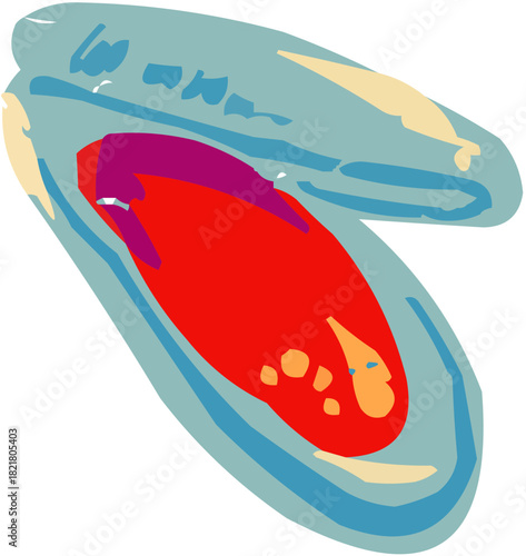 A vibrant, stylized vector illustration of an opened mussel (or clam) shell, revealing the meat inside. Perfect as a menu icon, fish market graphic, or for promoting Mediterranean cuisine.