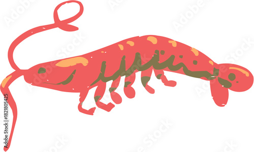 Oriane A vibrant, stylized vector illustration of a small, curled pink shrimp or prawn. Essential element for food icons, sushi restaurant menus, or seafood recipe blogs.