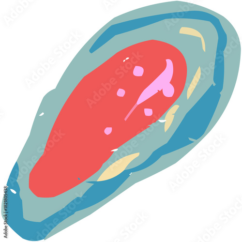 A vibrant, stylized vector illustration of an opened mussel (or clam) shell, revealing the meat inside. Perfect as a menu icon, fish market graphic, or for promoting Mediterranean cuisine.