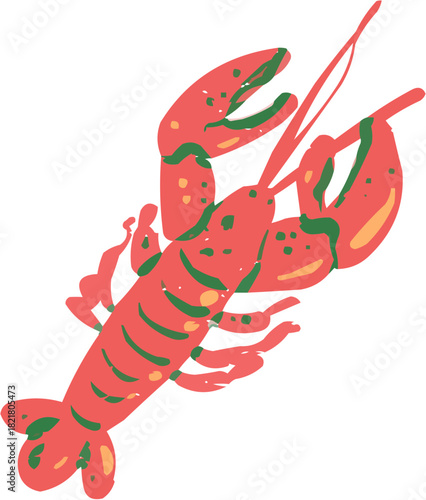 A vivid, stylized vector illustration of a red lobster with detailed claws and antennae. Perfect icon for high-end restaurant menus, fish markets, or seafood festival promotions. Isolated element.