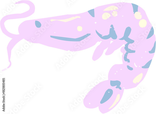 A vibrant, stylized vector illustration of a small, curled pink shrimp or prawn. Essential element for food icons, sushi restaurant menus, or seafood recipe blogs.