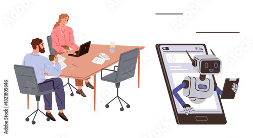 Professionals working together at a desk while a virtual robotic assistant appears from a smartphone screen. Ideal for teamwork, innovation, AI support, technology, digital transformation, remote