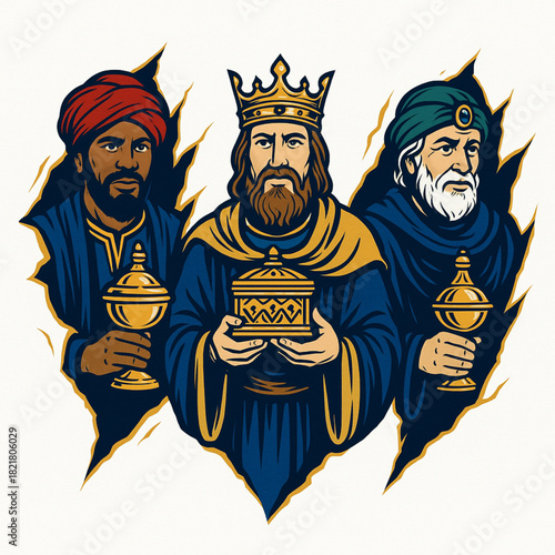 Three Kings gifts torn vector gold blue highlights white background detailed illustration