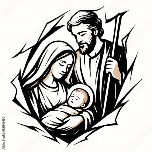 Nativity scene Mary Joseph baby Jesus torn vector golden highlights white background premium illustration