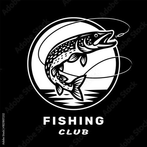 Fishing club logo with an image of a pike on dark background.