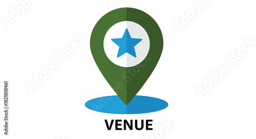 A green location pin with a blue star inside indicating a specific venue point