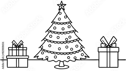 Very beautiful minimalist Christmas celebration atmosphere in the USA, featuring a simple, modern Christmas tree adorned with a single elegant decoration, set in a clean and serene festive interior 