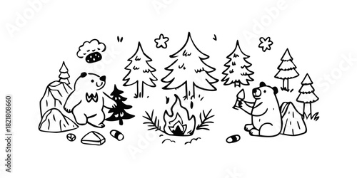 Two bears camping by a campfire with pine trees and mushrooms