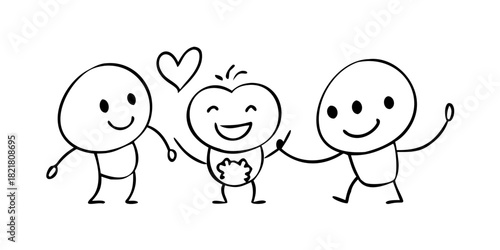 Two cartoon children holding hands with hearts kids