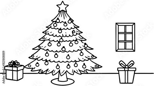 Very beautiful minimalist Christmas celebration atmosphere in the USA, featuring a simple, modern Christmas tree adorned with a single elegant decoration, set in a clean and serene festive interior 