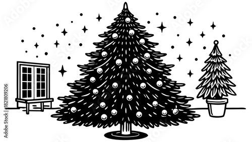 Very beautiful minimalist Christmas celebration atmosphere in the USA, featuring a simple, modern Christmas tree adorned with a single elegant decoration, set in a clean and serene festive interior 