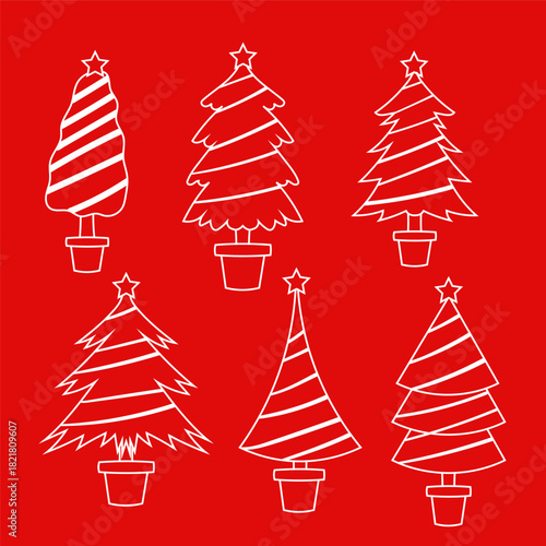 set of cartoon vector christmas icons with red background
