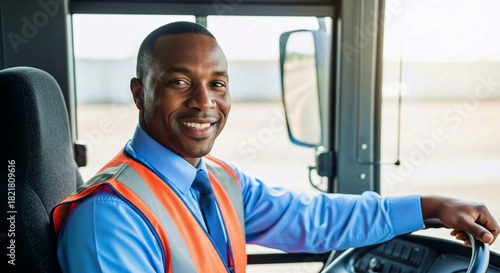 Smiling, confident bus driver wearing a blue uniform and high-visibility vest sits at the steering wheel, ready for his shift
