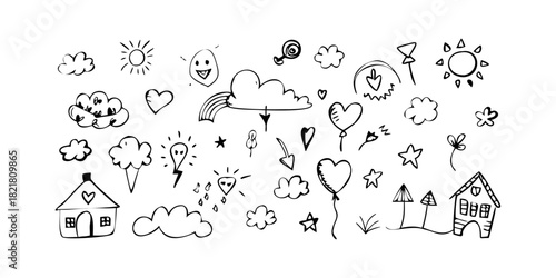 Whimsical doodle collection with sun clouds and hearts