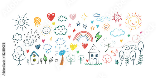 Whimsical doodle elements with suns hearts and trees