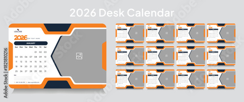 Trendy desk calendar 2026 template, corporate desk calendar schedule 2026 monthly 12-page planner layout, editable vector eps 10 file format