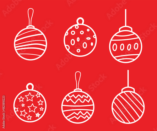 set of cartoon vector christmas icons with red background