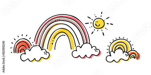 Whimsical doodle rainbows and suns with clouds vector