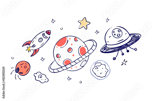 Whimsical doodle rocket planet spaceship and alien