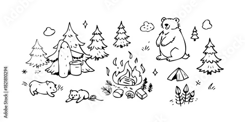 Whimsical forest creatures and pine trees bear mushroom
