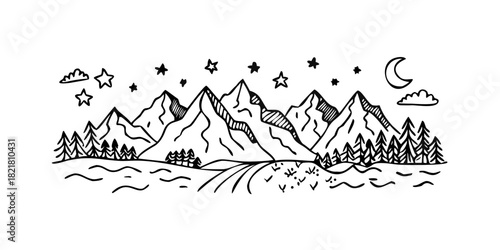 Whimsical Mountains River and Stars night