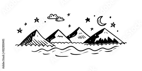 Whimsical Mountains River Stars Moon Clouds vector
