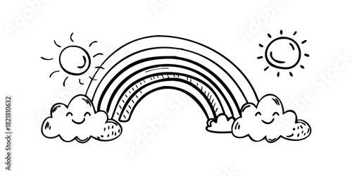 Whimsical Rainbow and Sunshine Doodle with Clouds vector