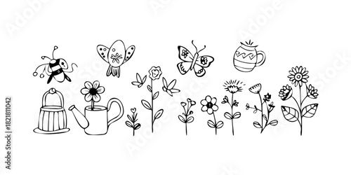 White doodles of watering cans plants and bees on transparent background
