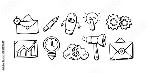 White doodle style office elements with transparent background