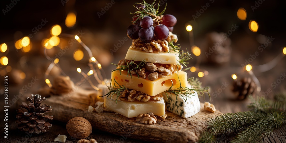 Naklejka premium Cheese platter shaped like a Christmas tree features grapes, nuts and rosemary. Fairy lights and pinecones create a warm festive holiday scene.