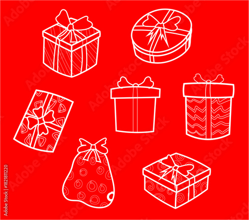 set of cartoon vector christmas icons with red background