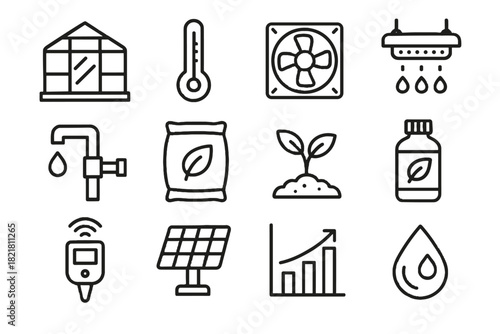 Water technology greenhouse icons ventilation vector chart lamp growth bottle icon led