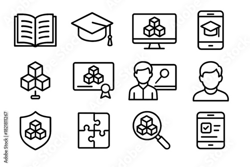 Icon education smartphone avatar student magnifying certificate blockchain vector icons shield app