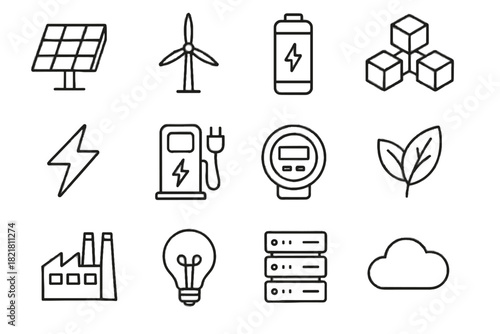 Energy icons wind rack bolt vector blockchain cube solar leaf bulb icon