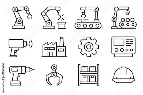 Vector industrial building storage icon gear welding torch assembly robotic robot factory