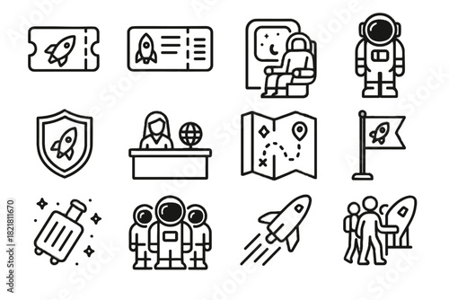 Tourist tour shuttle icon space travel vector luggage floating icons flag travelers
