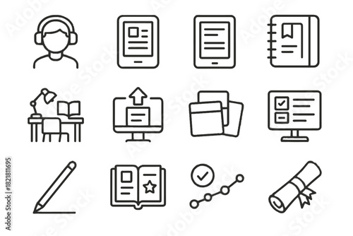 Preparation reader learning flashcards student notebook digital desk icon vector assignment