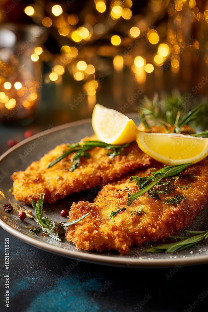 Fototapeta premium Crispy fried fish fillet with lemon and herbs rests on a festive plate with warm lights. A traditional Polish Christmas Eve dish known as fried carp.