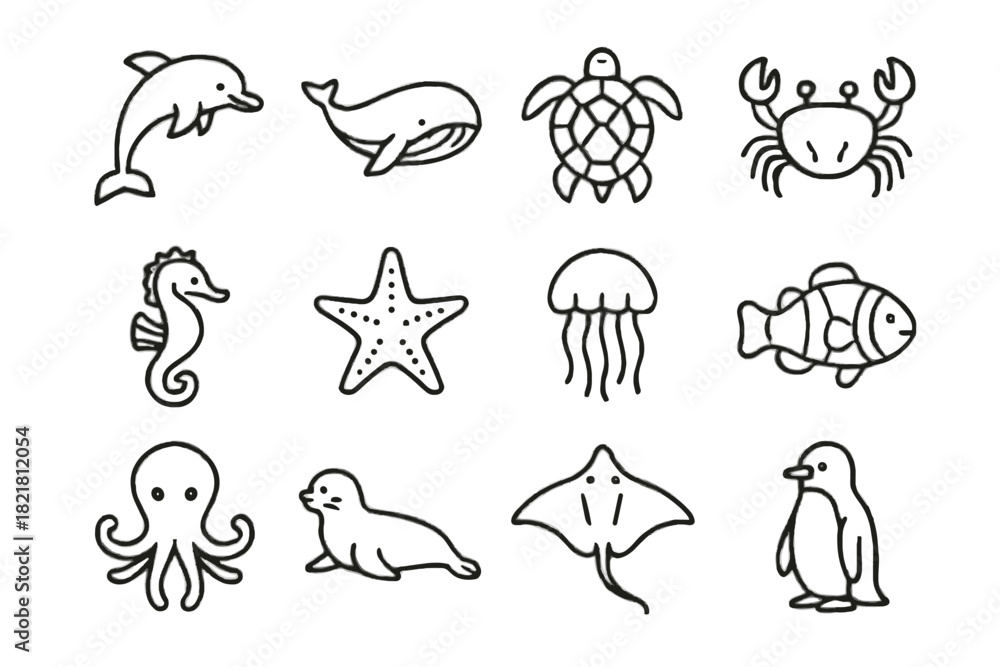 Obraz premium Octopus icon seal penguin marine vector ray clownfish dolphin starfish icons jellyfish