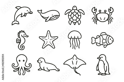 Octopus icon seal penguin marine vector ray clownfish dolphin starfish icons jellyfish