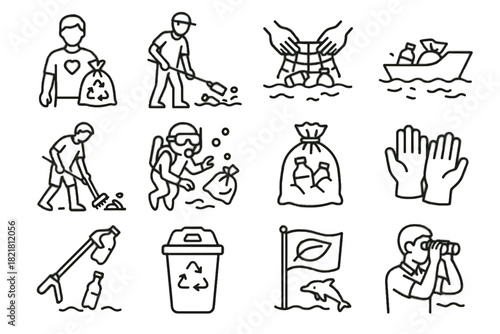 Boat tool ocean marine diver bin cleanup icons collection vector icon volunteer